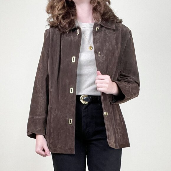 Vintage Suede Leather Toggle Light Jacket Coat Old Money Quiet Luxury 1990s Y2K - Picture 1 of 11